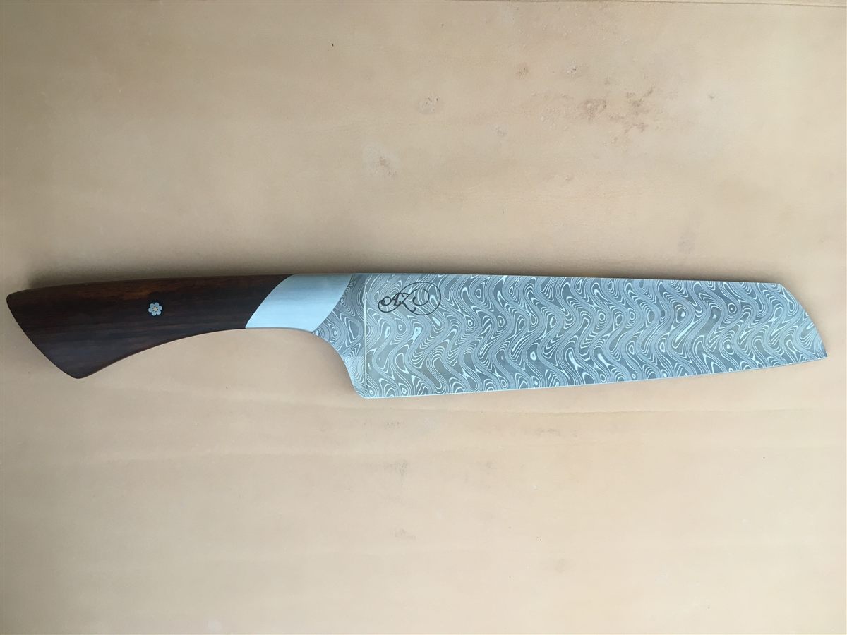 Damascus Raptor - layered-steel kitchen knife with hardwood handle and mosaic pin