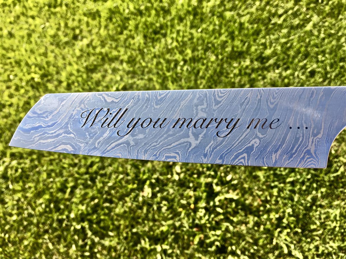 Damascus blade engraved Will you marry me - the proposal knife